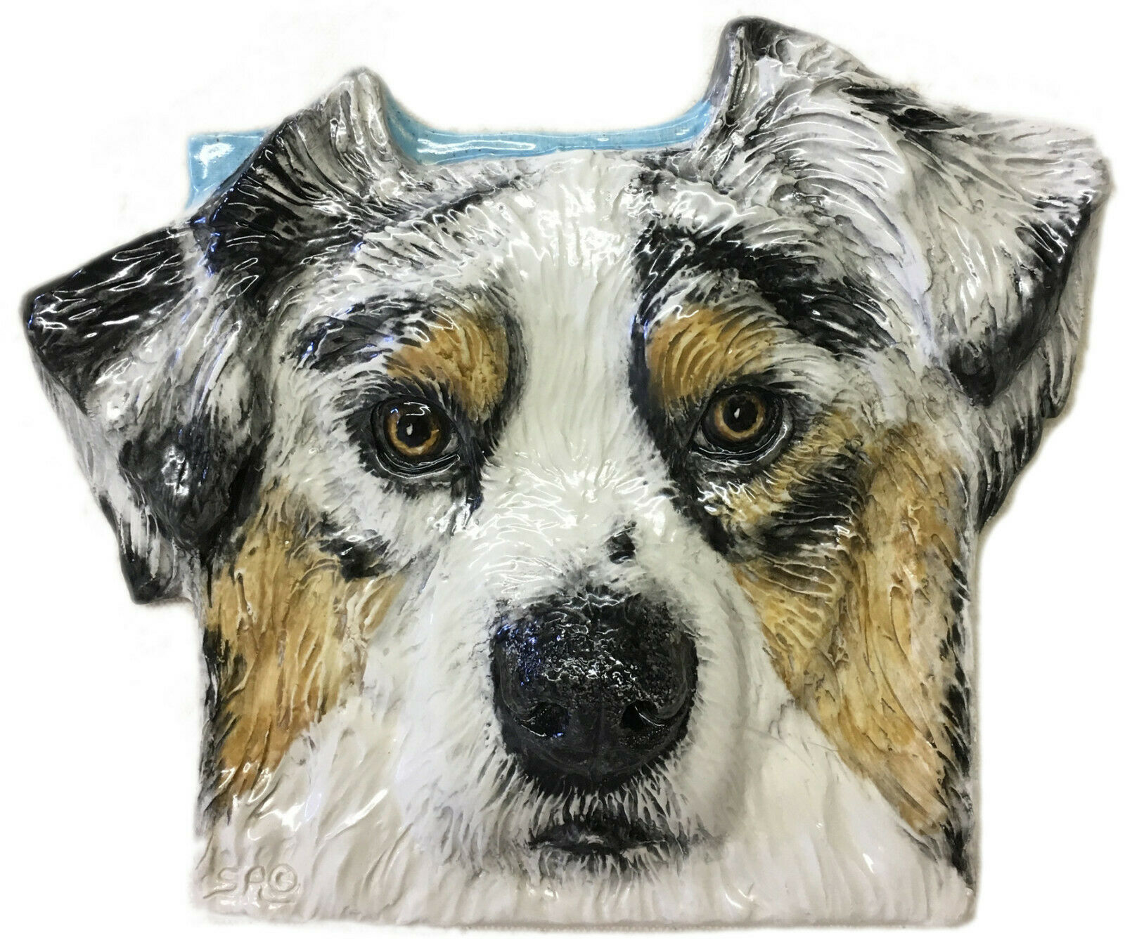 Australian Shepherd Dog 3d Relief Tile Blue Eyes Pet Ceramic Handmade Portrait
