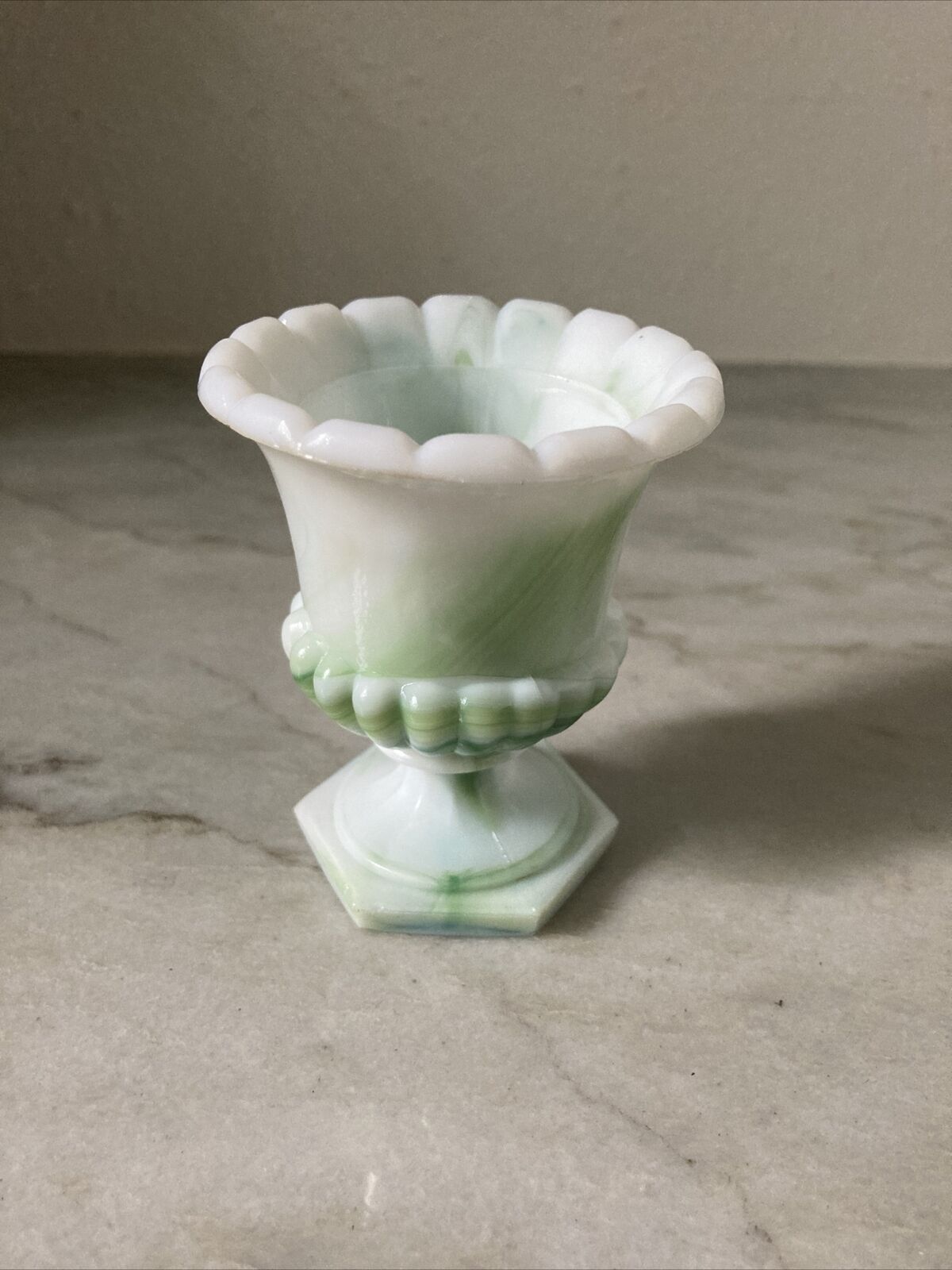 Has Chip White Green Milk Glass Swag Swirl Akro Agate Urn Vase Toothpick Holder