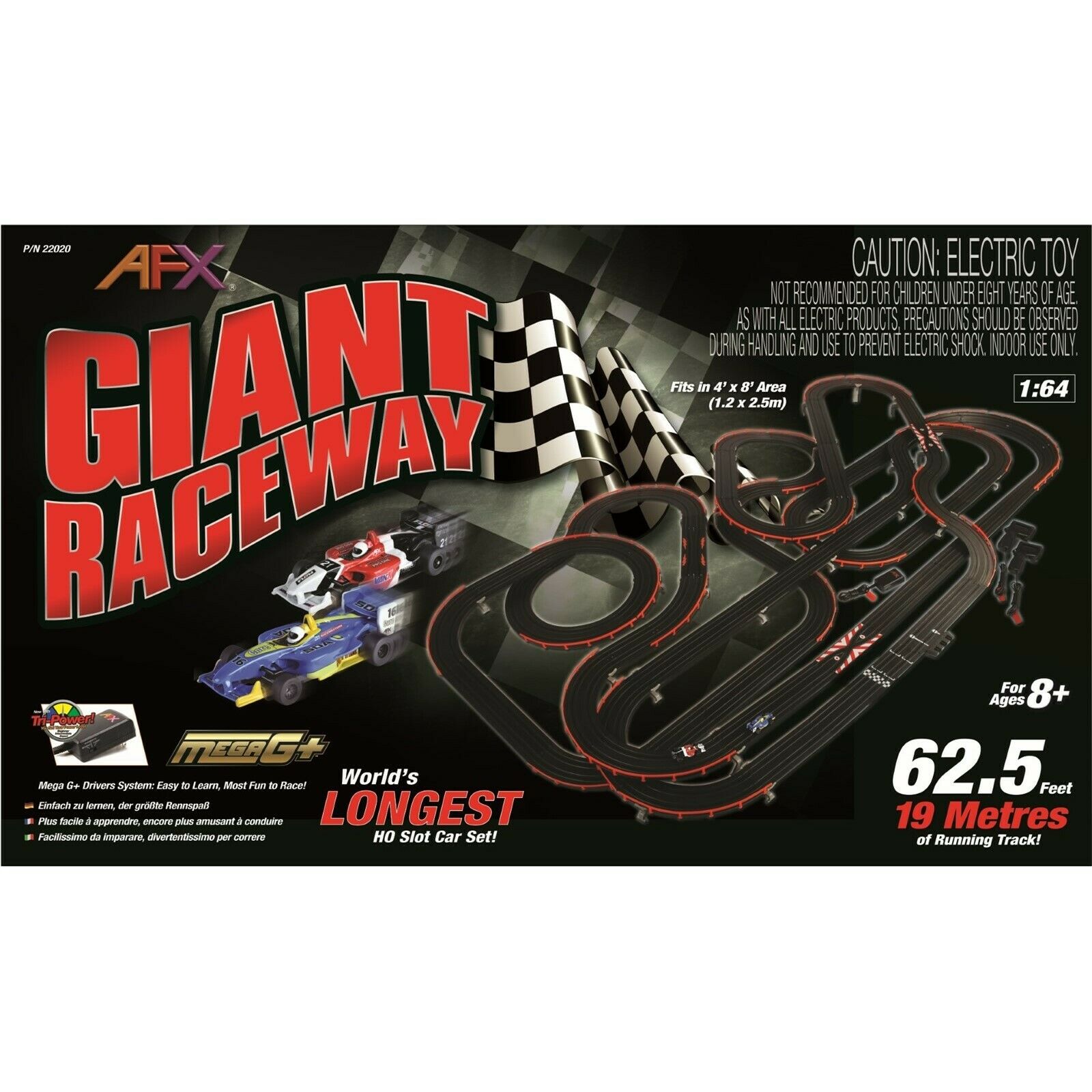 New Afx Giant Raceway 62.5' Ho Slot Car Track Set W/tri-power Pack Free Shipping